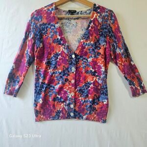 Talbots Petite Small Floral Print V Neck Cardigan Sweater Cotton Rayon classic